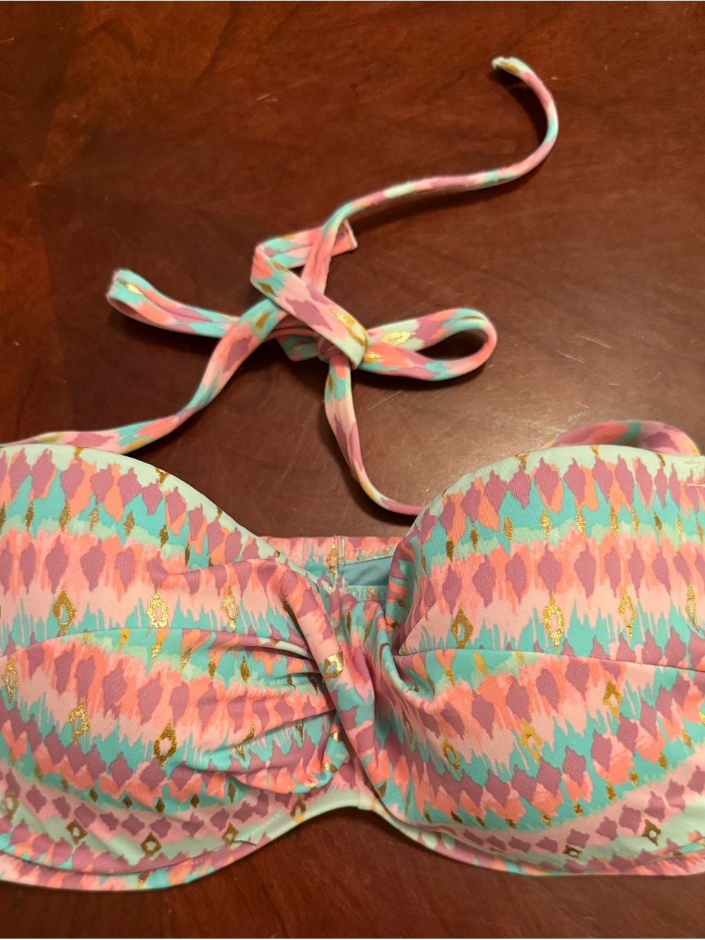 Shade & Shore Pink Turquoise Gold Patterned Bikini Top
